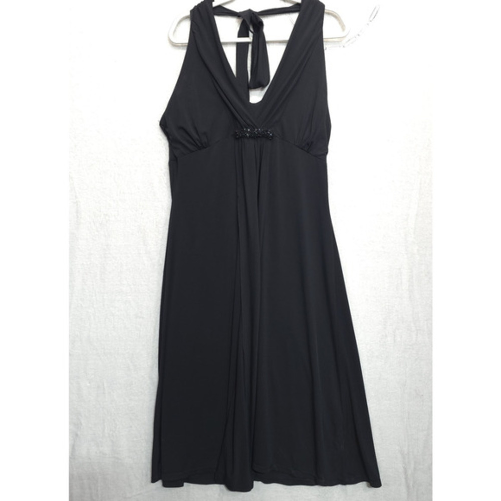 Z Studio Halter Dress Babydoll Embellished Open Back Deep V Neck Women 16 Black‎